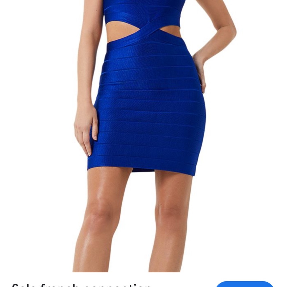 This is a French Connection Lacs Knit Bandage Bodycon Mini Dress in blue. - Picture 2 of 6